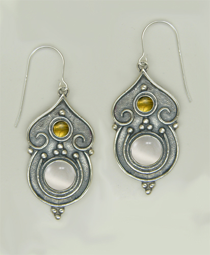 Sterling Silver Gothic Inspired Drop Dangle Earrings With White Moonstone And Citrine